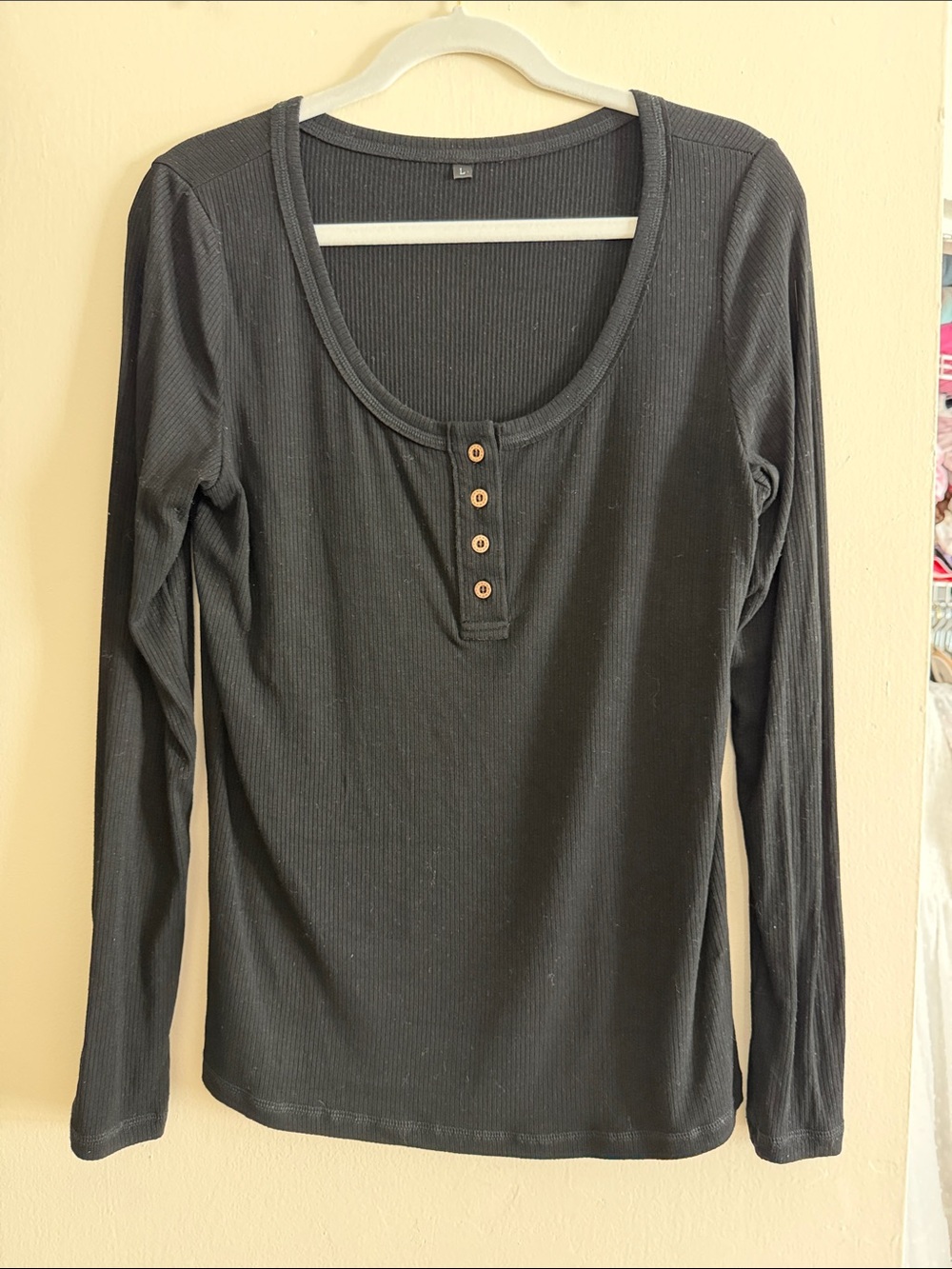 Black Ribbed Long-Sleeve Henley Top